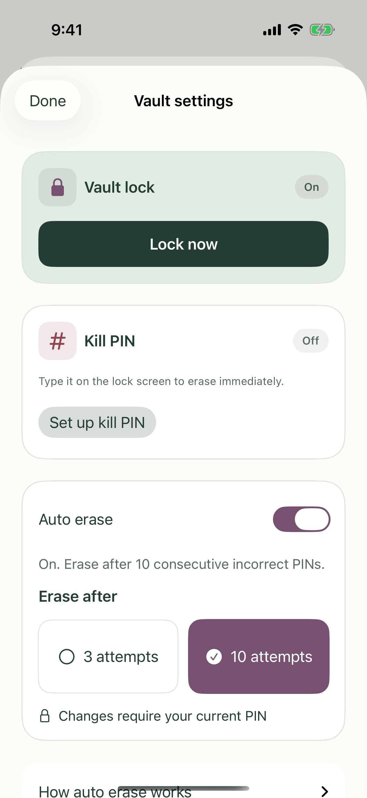 POE vault controls for the separate kill switch PIN and automatic erasure after 3 or 10 incorrect PINs.
